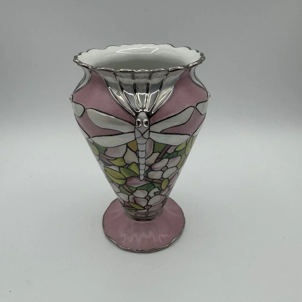 VTG Louis Tiffany Bradford Exchange Glittering Dragonflies Porcelain Vase Pink - Picture 3 of 9